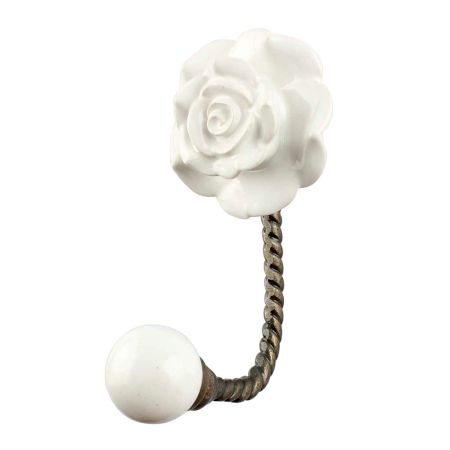 White Rose Flower Ceramic Wall Hook in Antique Fitting